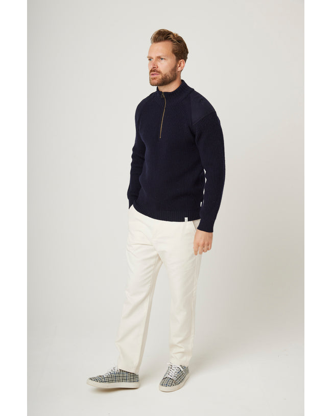 Image of model wearing Foxton Zip Neck. Model is 6ft1in, chest size 38in and wearing size Small