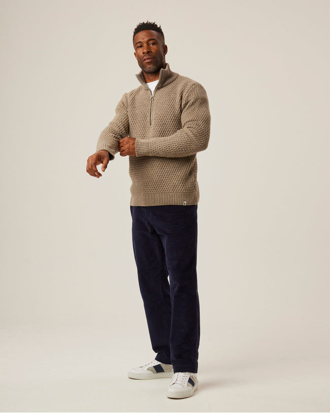 Image of model wearing Birchall Quarter Zip Jumper.