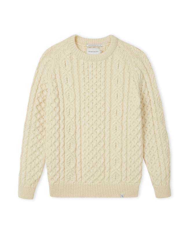Image of model wearing Hudson Aran Jumper. Model is 6ft1in, chest size 38in and wearing size Large