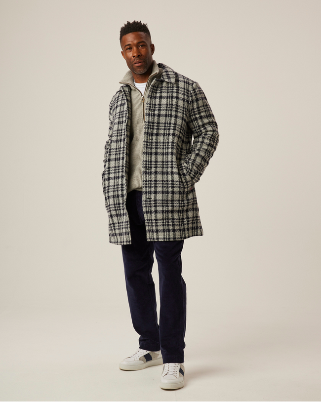 Image of model wearing Emerson Coat. Model is 6ft1in, chest size 38in and wearing size Medium
