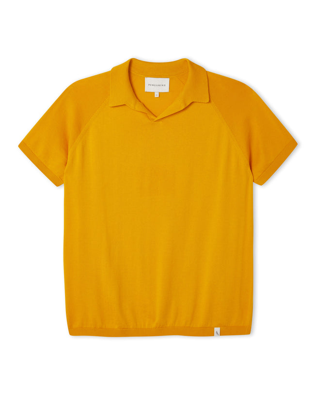 Image of model wearing Knitted Emery Polo Shirt. Model is 6ft, chest size 36in and wearing size Medium