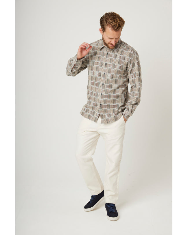 Image of model wearing Farley Shirt. Model is 6ft1in, chest size 38in and wearing size Large