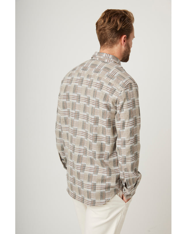 Image of model wearing Farley Shirt. Model is 6ft1in, chest size 38in and wearing size Large