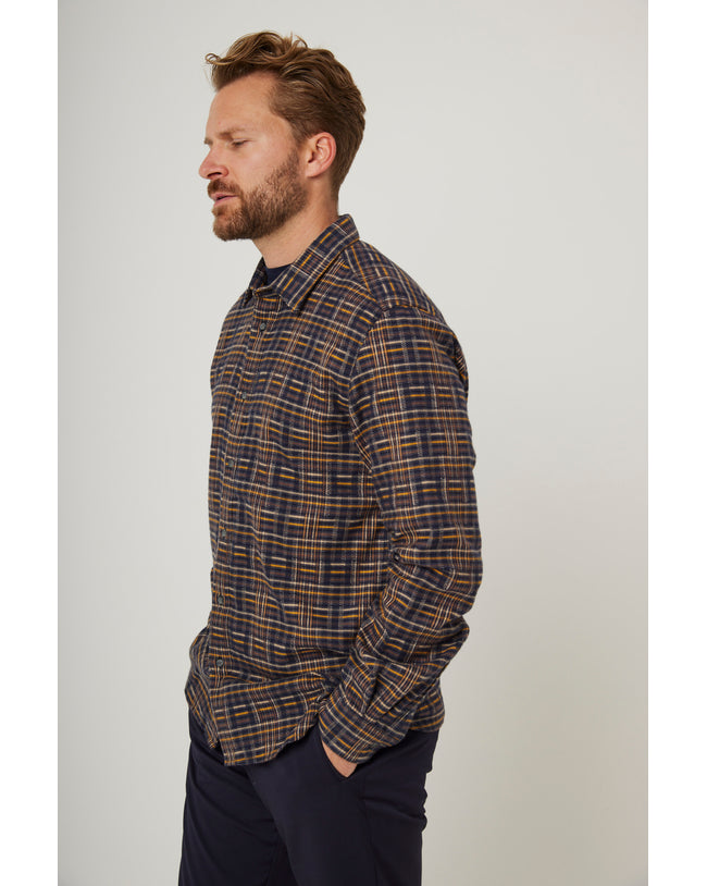 Image of model wearing Farley Shirt. Model is 6ft1in, chest size 38in and wearing size Large