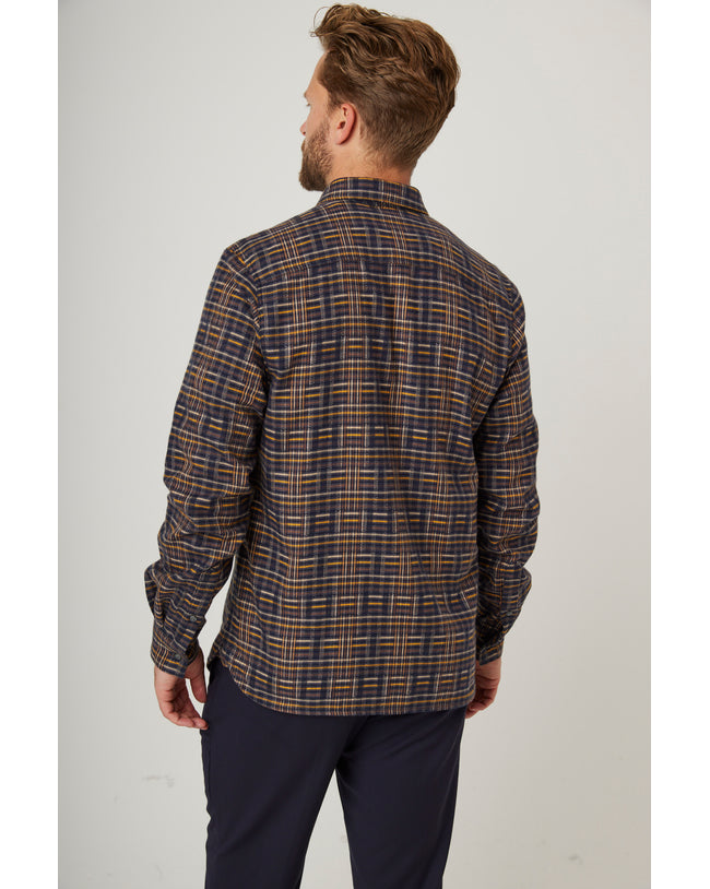 Image of model wearing Farley Shirt. Model is 6ft1in, chest size 38in and wearing size Large