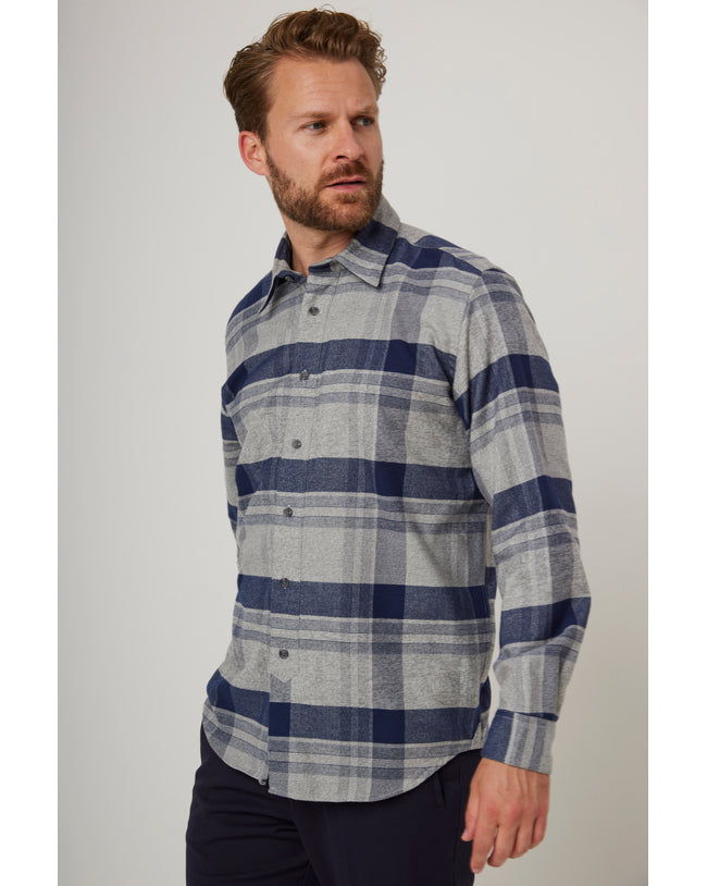Image of model wearing Farley Shirt. Model is 6ft1in, chest size 38in and wearing size Large
