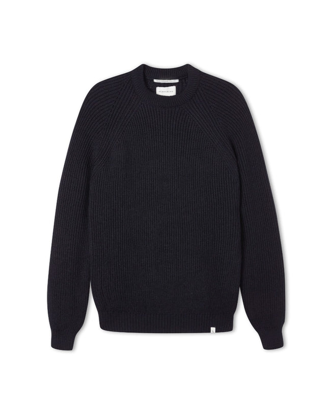 Image of model wearing Ford Crew Jumper. Model is 6ft, chest size 36in and wearing size Large