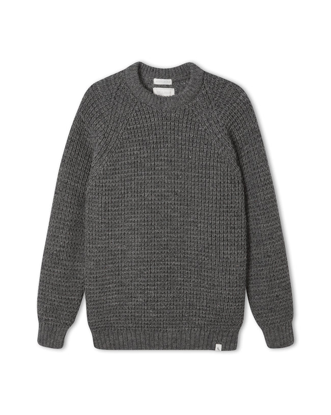 Image of model wearing Waffle Crew Neck Jumper. Model is 6ft, chest size 36in and wearing size Medium