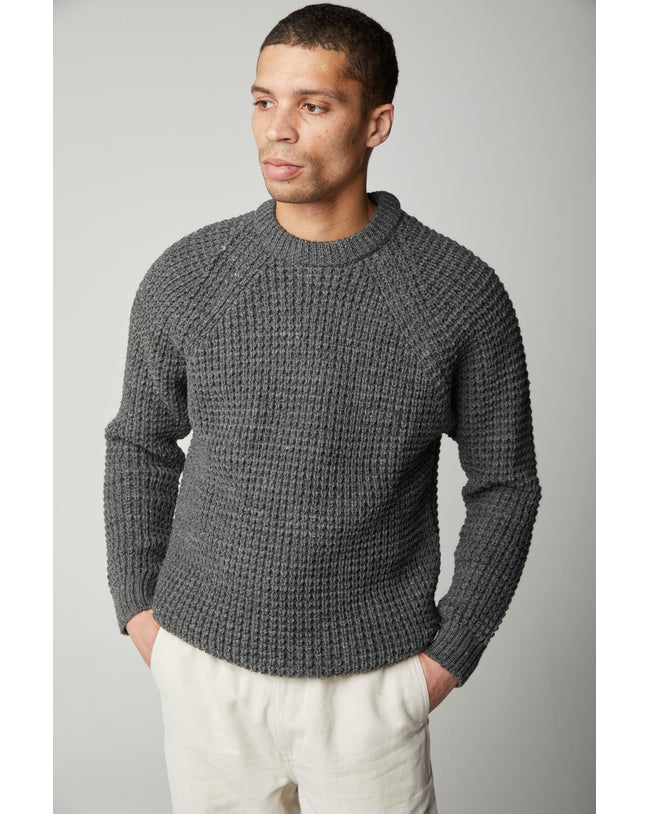 Image of model wearing Waffle Crew Neck Jumper. Model is 6ft, chest size 36in and wearing size Medium