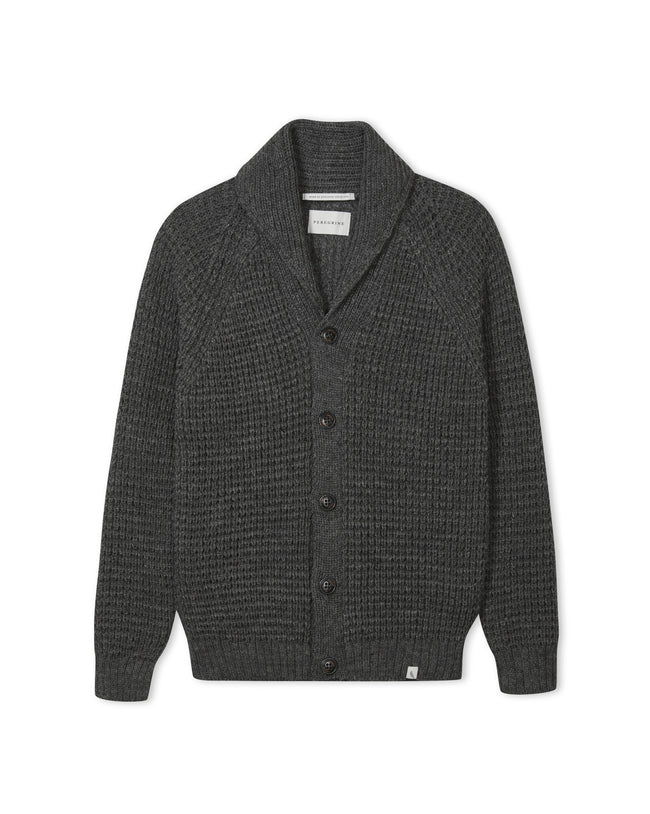 Image of model wearing Waffle Shawl Cardigan. Model is 6ft, chest size 36in and wearing size Medium