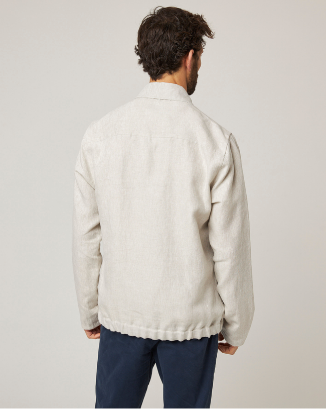 Image of model wearing Heybrook Linen Bomber Jacket .