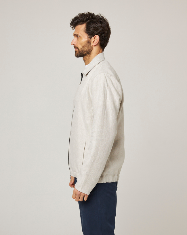 Image of model wearing Heybrook Linen Bomber Jacket .