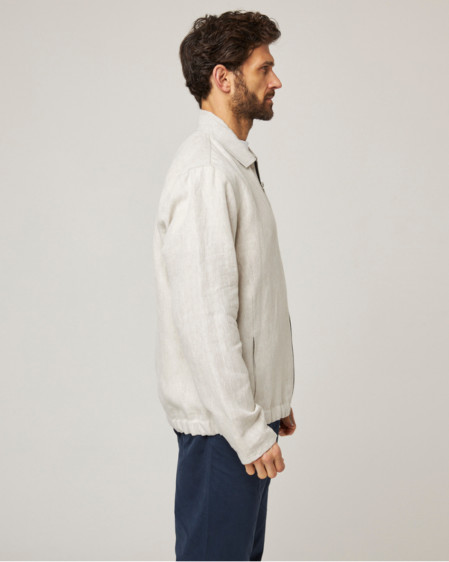 Image of model wearing Heybrook Linen Bomber Jacket .