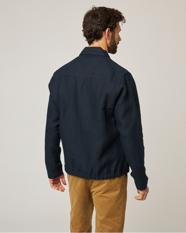 Image of model wearing Heybrook Linen Bomber Jacket .