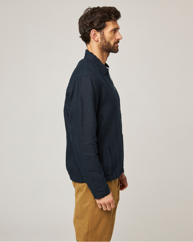 Image of model wearing Heybrook Linen Bomber Jacket .