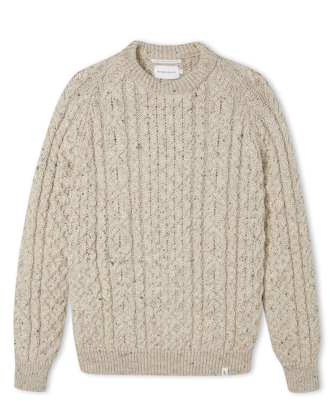 Image of model wearing Hudson Aran Jumper. Model is 6ft, chest size 36in and wearing size Large