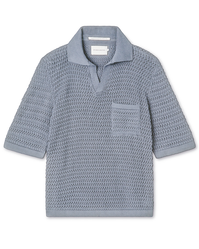 Image of model wearing Island Crochet Polo Shirt.