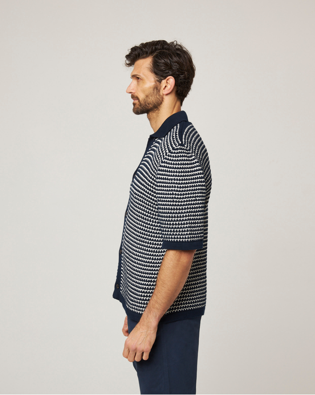 Image of model wearing Island Crochet Shirt.