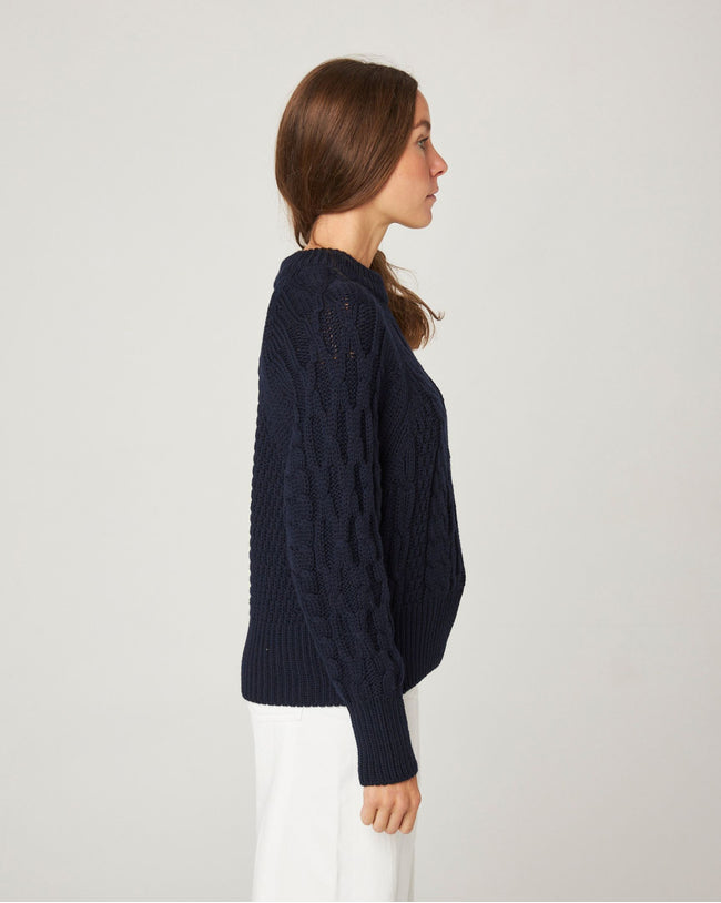 Image of model wearing Isobel Aran Jumper. Model is 5ft8, size UK 8 and wearing size Small