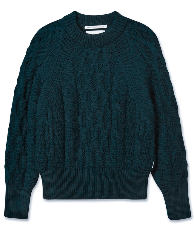 Image of model wearing Isobel Aran Jumper. Model is 5ft8, size UK 8 and wearing size Medium