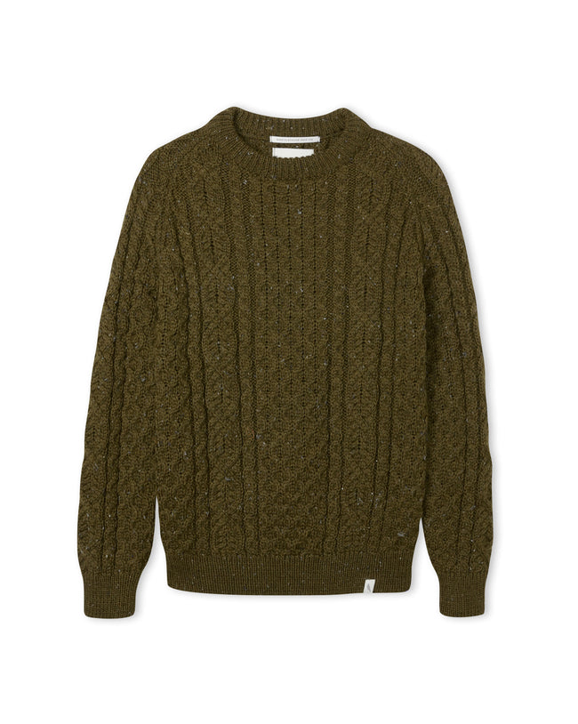 Image of model wearing Hudson Aran Jumper. Model is 6ft1in, chest size 38in and wearing size Medium