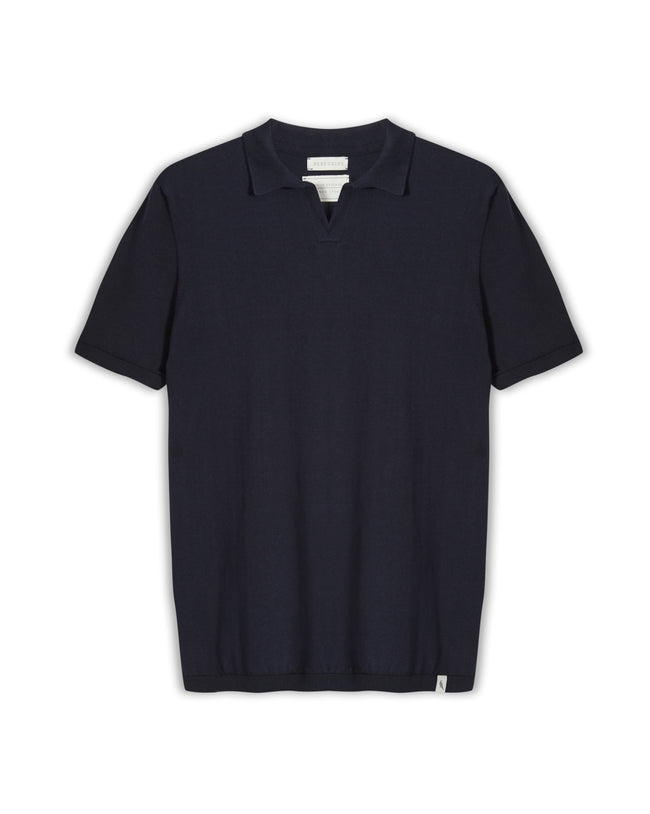 Image of model wearing Knitted Emery Polo Shirt. Model is 6ft, chest size 36in and wearing size Medium