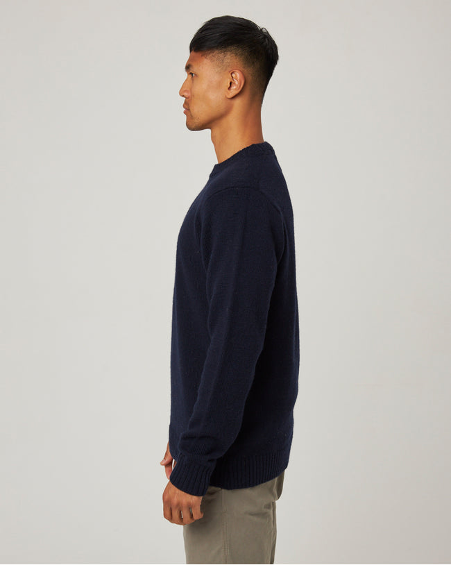 Image of model wearing Makers Stitch Jumper. Model is 6ft1in, chest size 38in and wearing size Medium