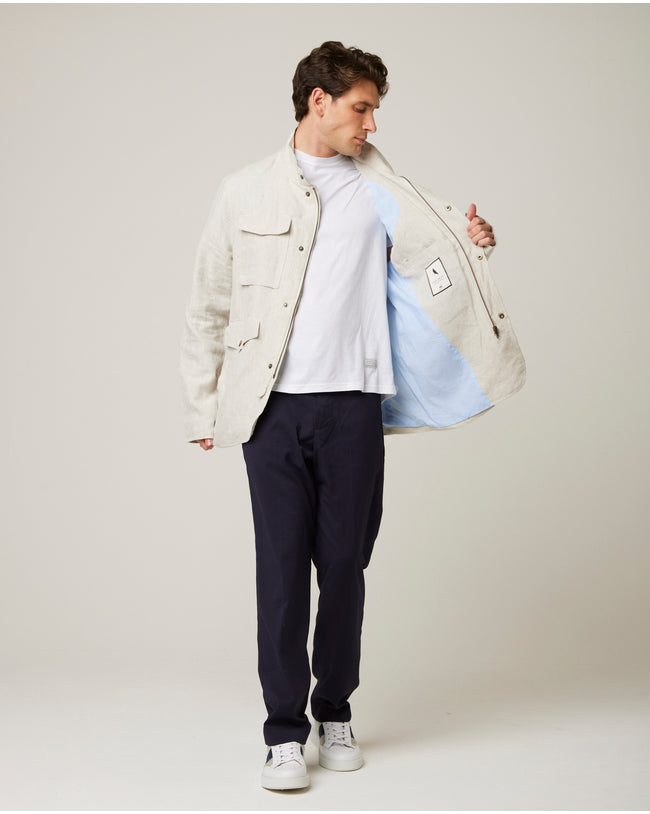 Image of model wearing Malvern Linen Jacket.