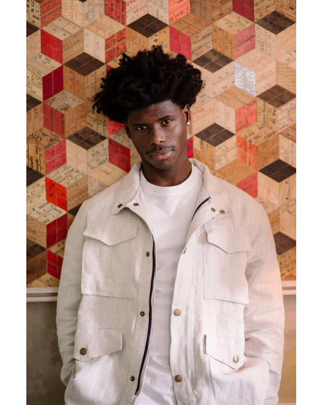 Image of model wearing Malvern Linen Jacket.
