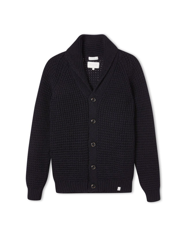Image of model wearing Waffle Shawl Cardigan. Model is 6ft1in, chest size 38in and wearing size Large