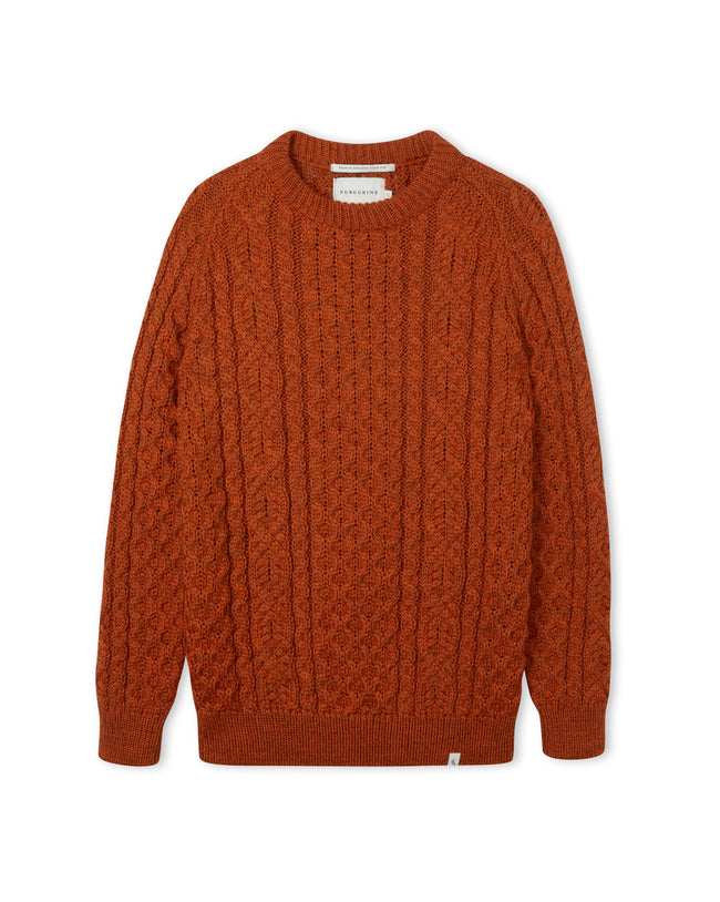 Image of model wearing Hudson Aran Jumper. Model is 6ft, chest size 36in and wearing size Medium
