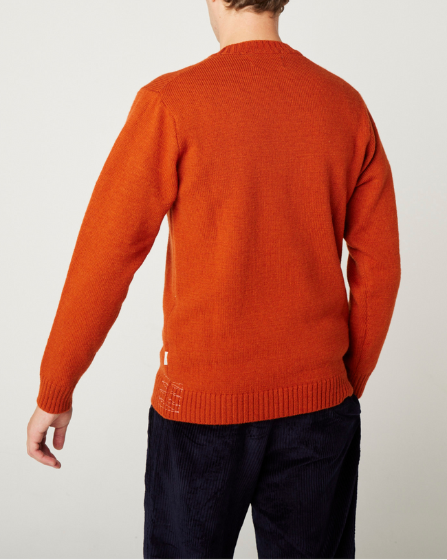 Image of model wearing Makers Stitch Jumper. Model is 6ft1in, chest size 38in and wearing size Large