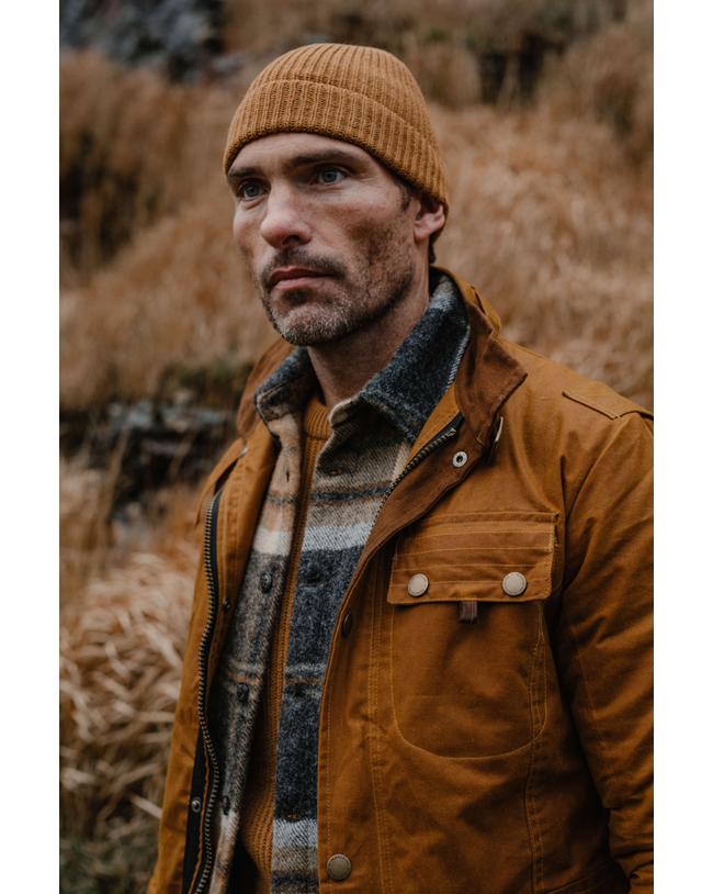 Image of model wearing Porter Ribbed Beanie. One Size