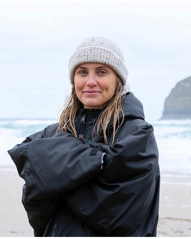 Image of model wearing Porter Ribbed Beanie. One Size