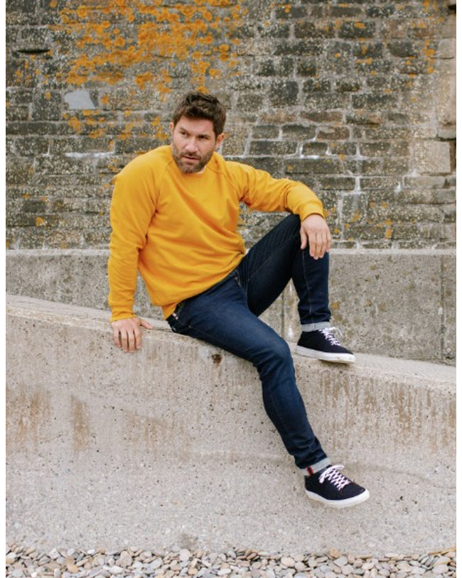 Image of model wearing Classic Sweatshirt. Model is 6ft, chest size 36in and wearing size Large