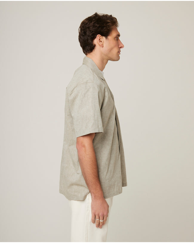 Image of model wearing Linen Short Sleeve Shirt .