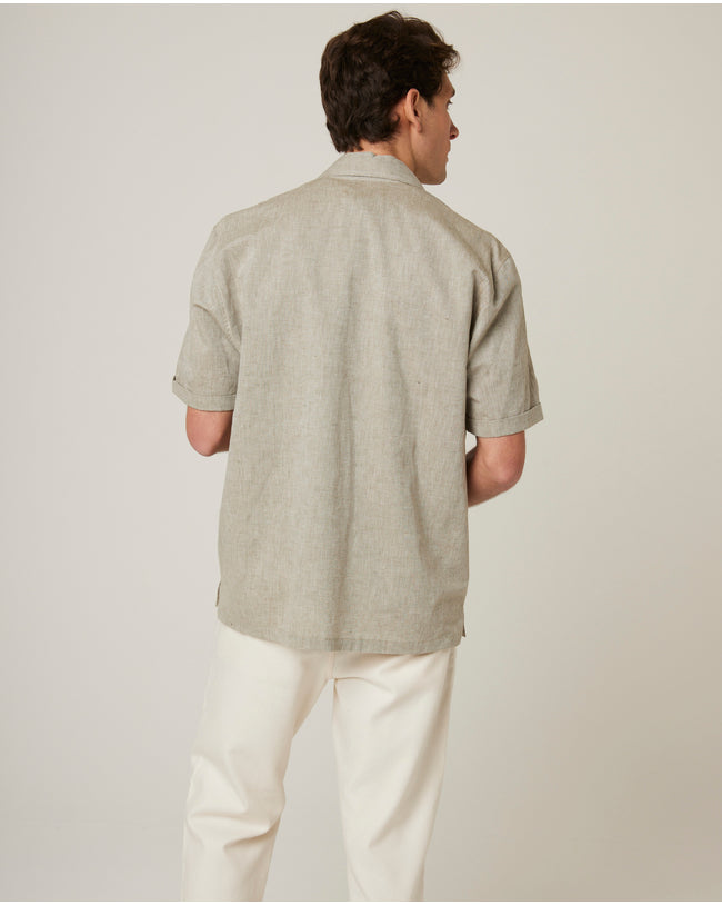 Image of model wearing Linen Short Sleeve Shirt .