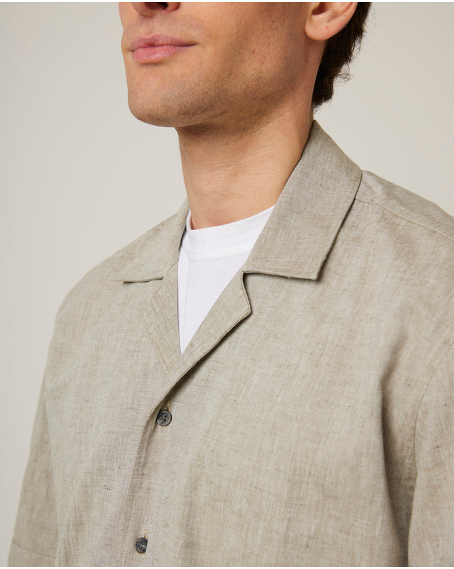 Image of model wearing Linen Short Sleeve Shirt .