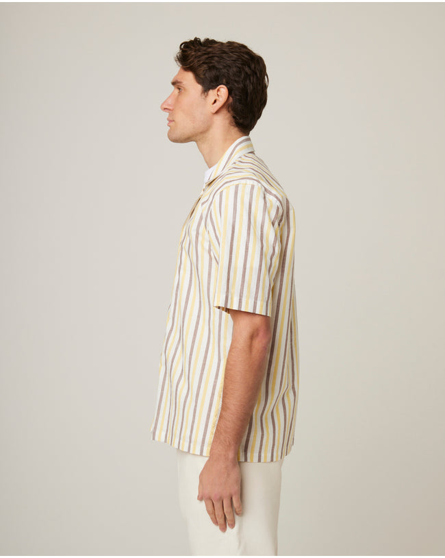 Image of model wearing Linen Short Sleeve Shirt .