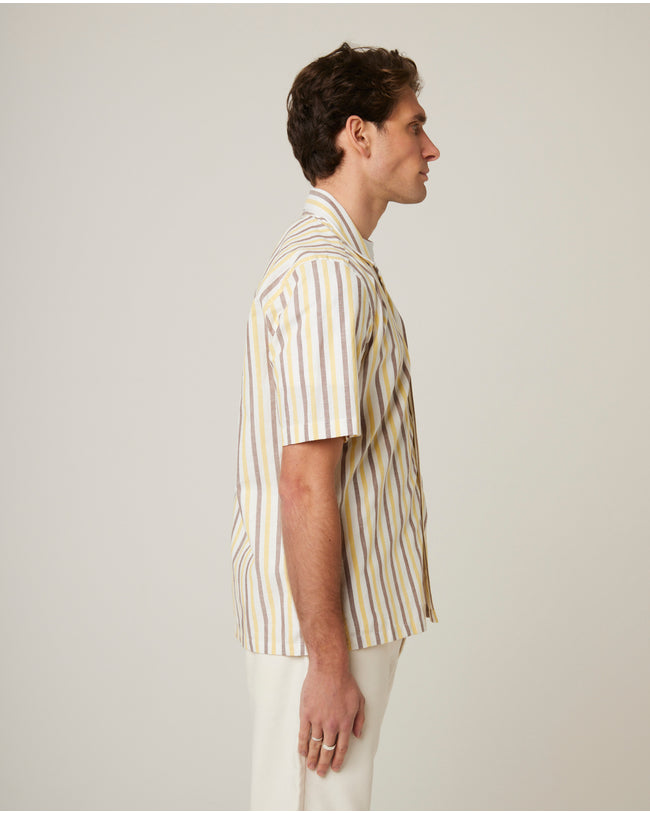 Image of model wearing Linen Short Sleeve Shirt .