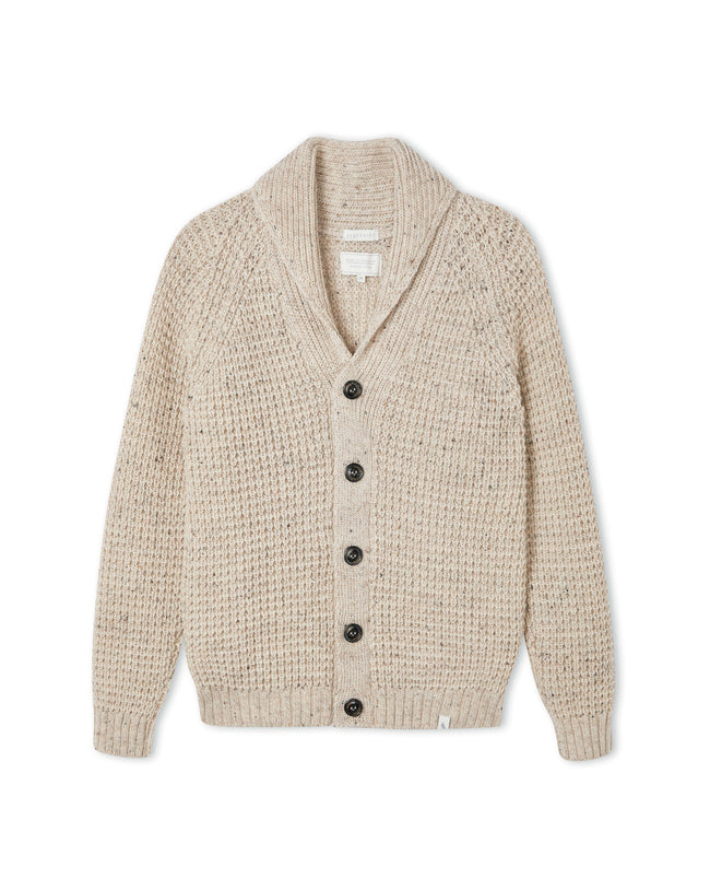 Image of model wearing Waffle Shawl Cardigan. Model is 6ft, chest size 36in and wearing size Medium