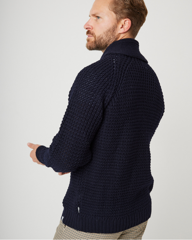 Image of model wearing Waffle Shawl Cardigan. Model is 6ft1in, chest size 38in and wearing size Large