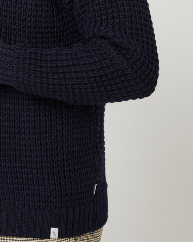 Image of model wearing Waffle Shawl Cardigan. Model is 6ft1in, chest size 38in and wearing size Large