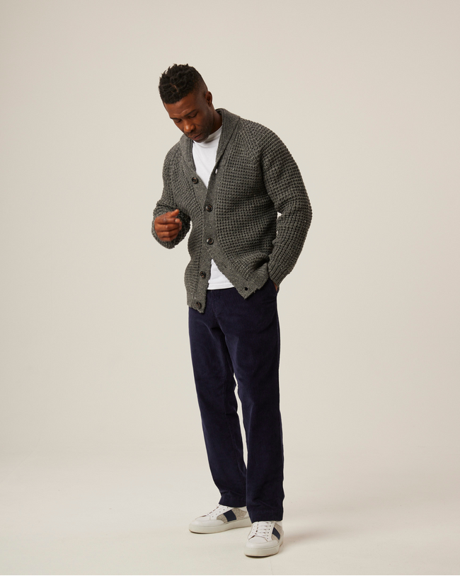 Image of model wearing Waffle Shawl Cardigan. Model is 6ft, chest size 36in and wearing size Medium