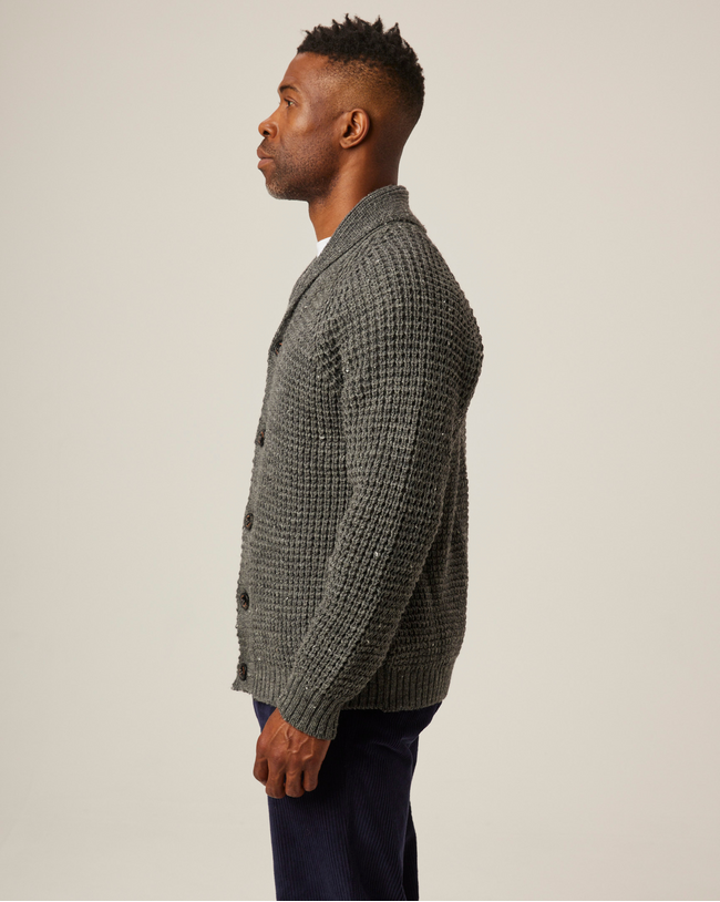 Image of model wearing Waffle Shawl Cardigan. Model is 6ft, chest size 36in and wearing size Medium