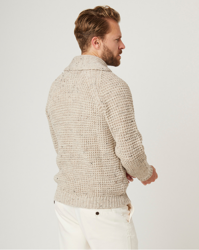 Image of model wearing Waffle Shawl Cardigan. Model is 6ft, chest size 36in and wearing size Medium
