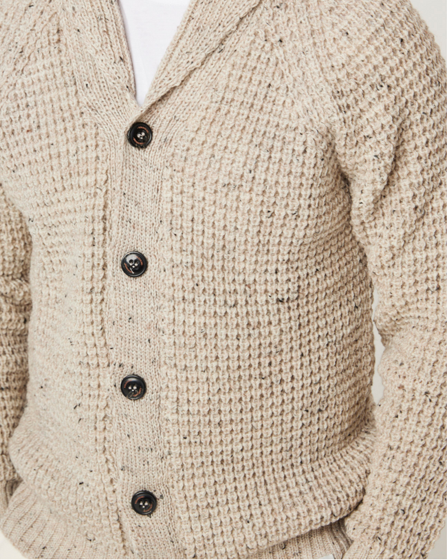 Image of model wearing Waffle Shawl Cardigan. Model is 6ft, chest size 36in and wearing size Medium