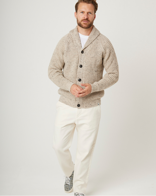 Image of model wearing Waffle Shawl Cardigan. Model is 6ft, chest size 36in and wearing size Medium