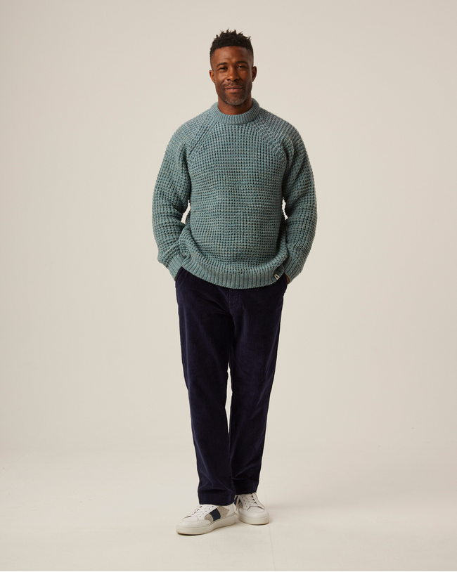 Image of model wearing Waffle Crew Neck Jumper. Model is 6ft1in, chest size 38in and wearing size Medium