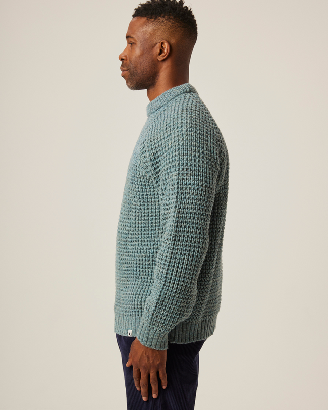 Image of model wearing Waffle Crew Neck Jumper. Model is 6ft1in, chest size 38in and wearing size Medium